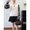 Autumn new splicing plaid shirt fake two-piece sweater pullover design semi-zipper knitted sweater top women