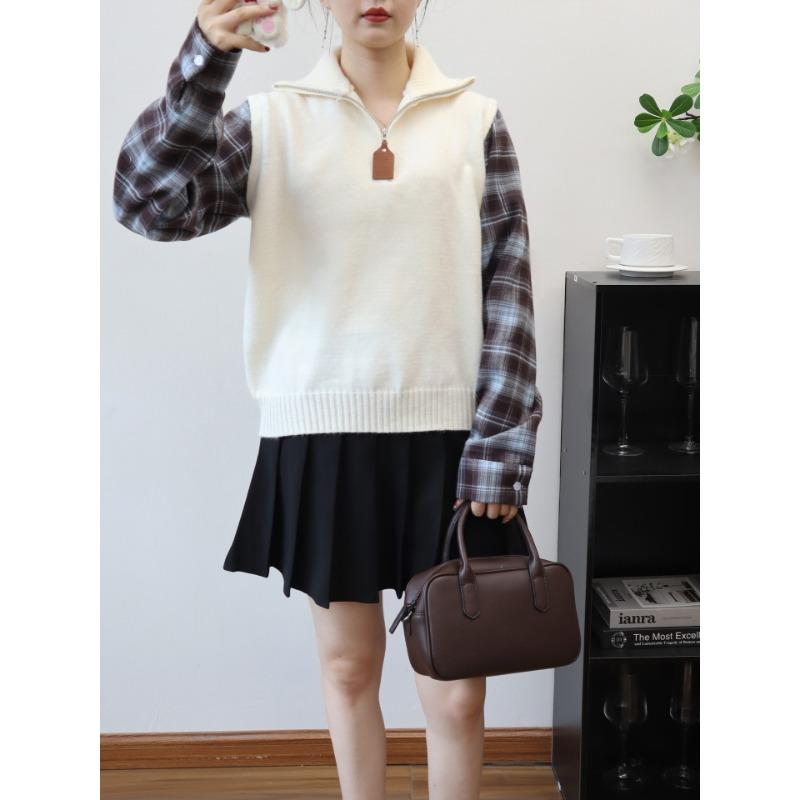 Autumn new splicing plaid shirt fake two-piece sweater pullover design semi-zipper knitted sweater top women