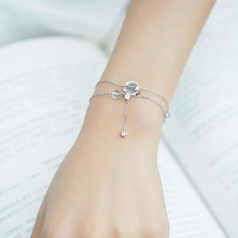 925 Silver 19CM Double Bracelet Aquamarine Crystal Encrusted Bracelet Elegant Feminine Trend Jewelry