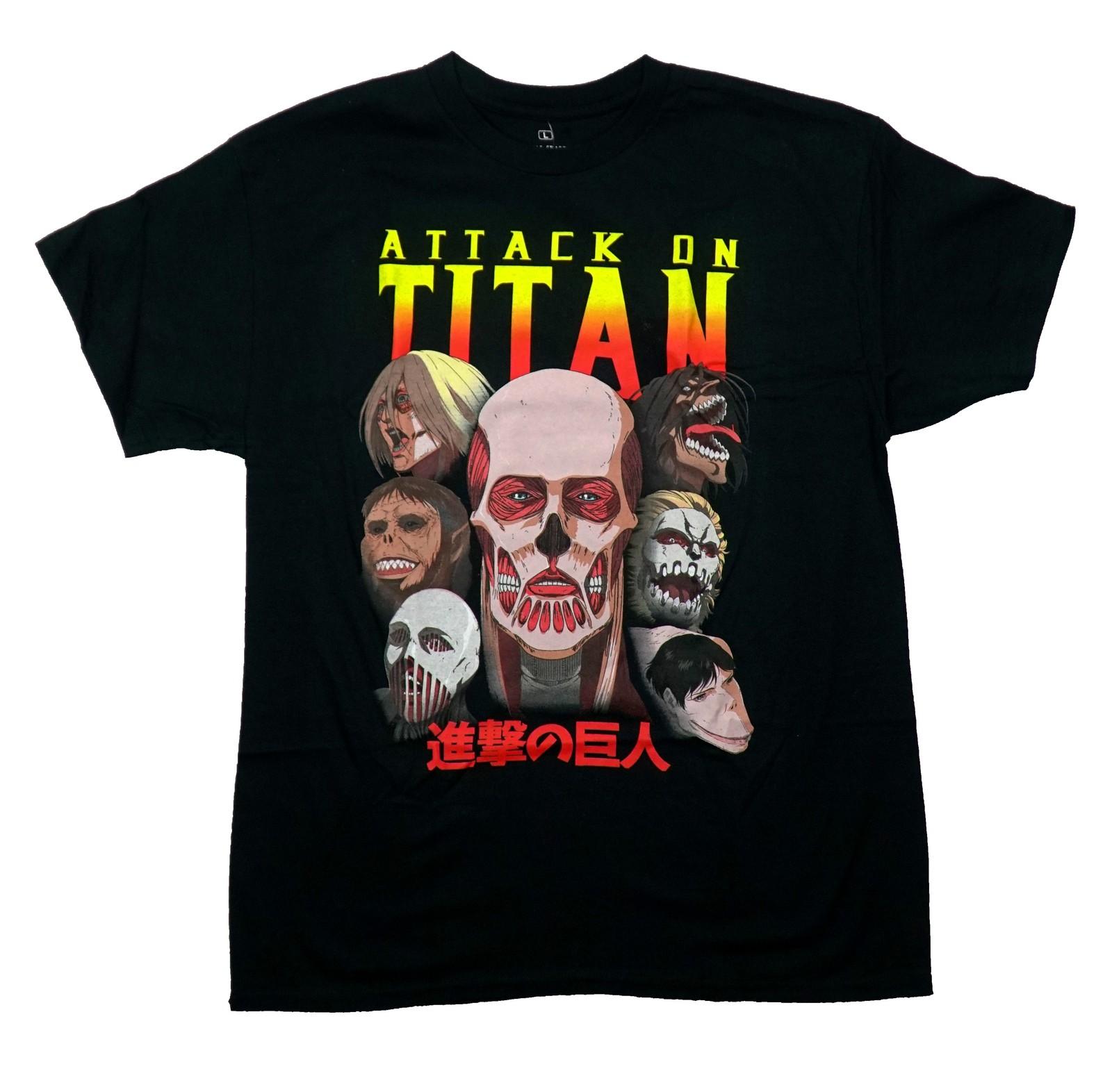 Attack on Titan New Adult T-Shirt - Yellow & Red Name Over Cast of Titans XXXXL