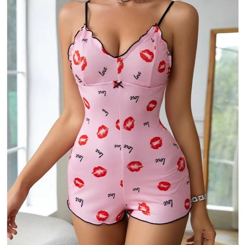 

Женская пижама Цельная пижама С принтом красных губ Без рукавов Пижама Шорты Комбинезон Взрослые V-образный вырез Бретели Смешная пижама Боди M