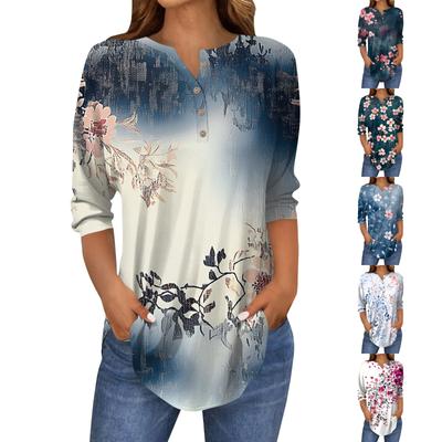 Women's Fashion Loose Button Collar Print 3/43/4  Sleeve T-Shirt Tops Pullover