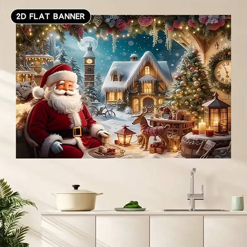 2D Weihnachts-Rentier-Wandteppich, Magische Winterlandschaft mit verschneitem Dorf und Rentieren