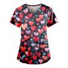 Nurse Uniform Love Heart Print Pocket V-Neck Nursing Scrubs Tops Workwear Women's T-shirts