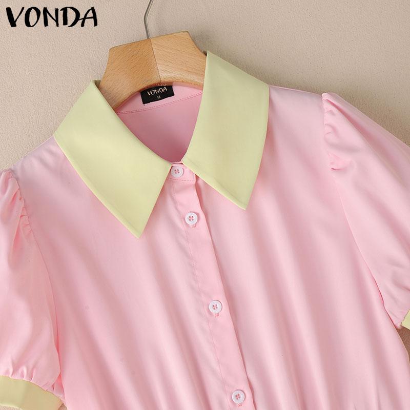 VONDA Summer Women Lapel Neck Short Sleeve Stitching Casual Pleated Dress