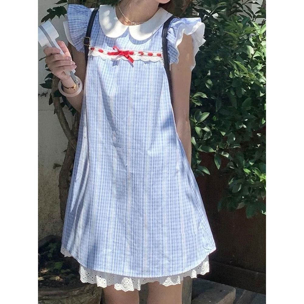The college style is small, fresh, unique and beautiful in summer, and the temperament is beautiful. Princess short skirt, doll collar plaid dress.