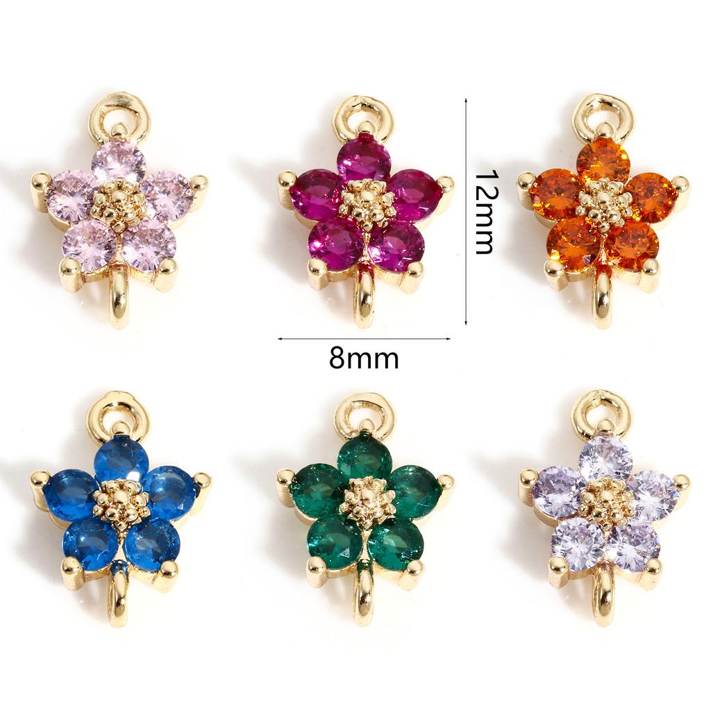 2 Piece Flower Brass Connectors Charms Pendants For DIY Jewelry Making 18K Real Gold Plated Multicolour Cubic Zirconia 12mmx8mm