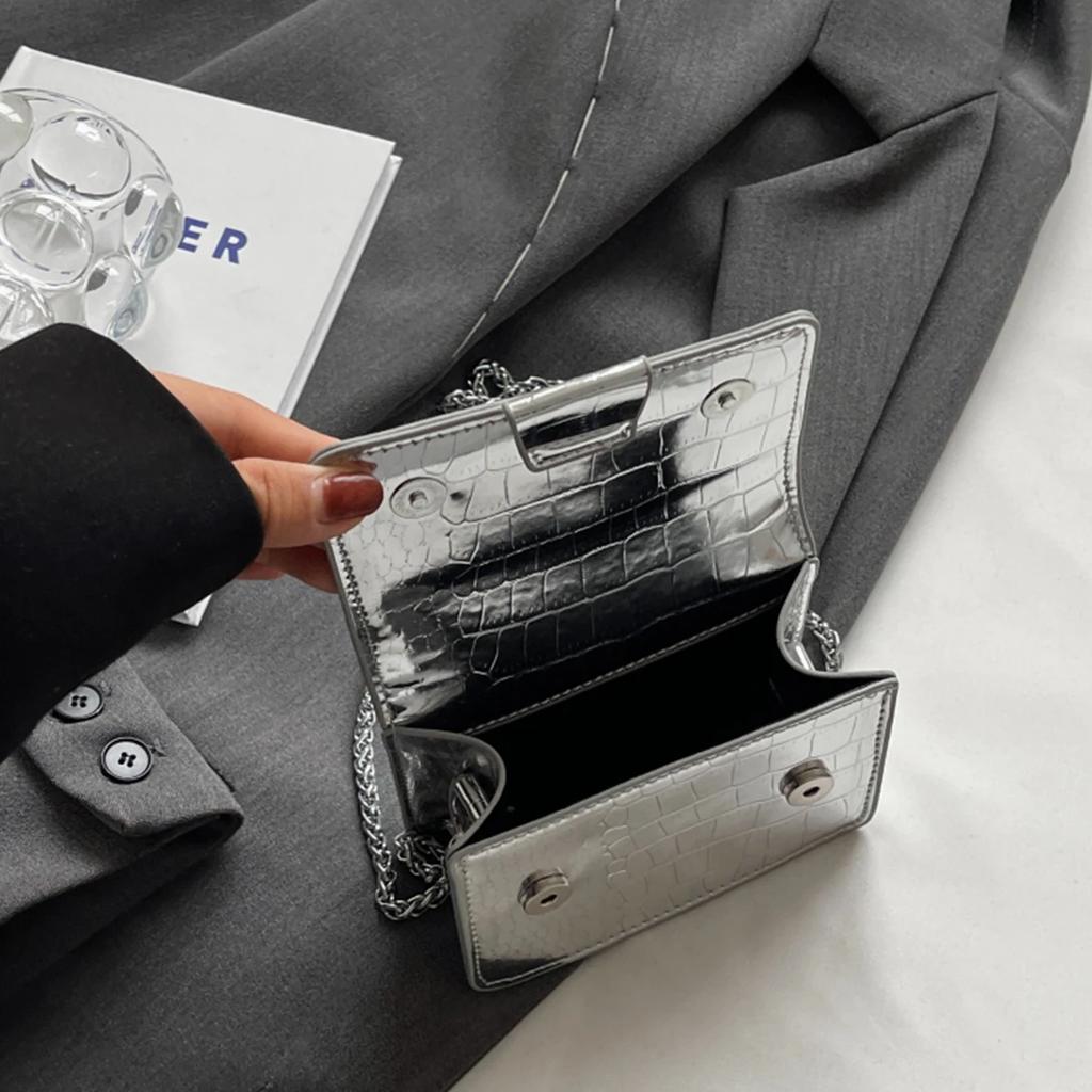 Mini Crossbody Shoulder Bag for Women Fashion PU Crocodile Texture Shoulder Bag with Chain Strap Magnetic for Daily Essentials