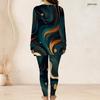 Women Plus Size Two Piece Pants Set Round Neck Long Sleeve Nebula Printed Longline Top And Fitted Pants