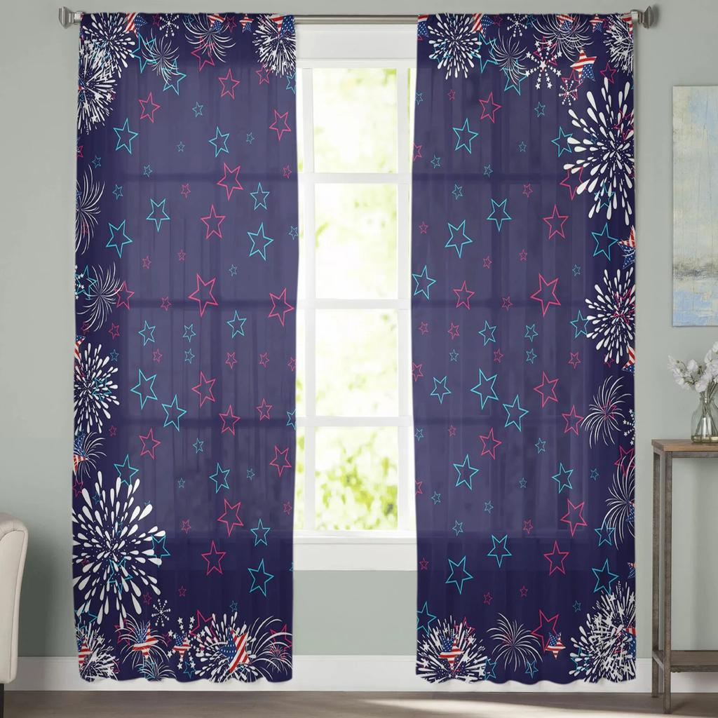 Independence Day Pentagram Fireworks Sheer Curtains for Living Room Bedroom Kids Room Tulle Window Treatment Drapes