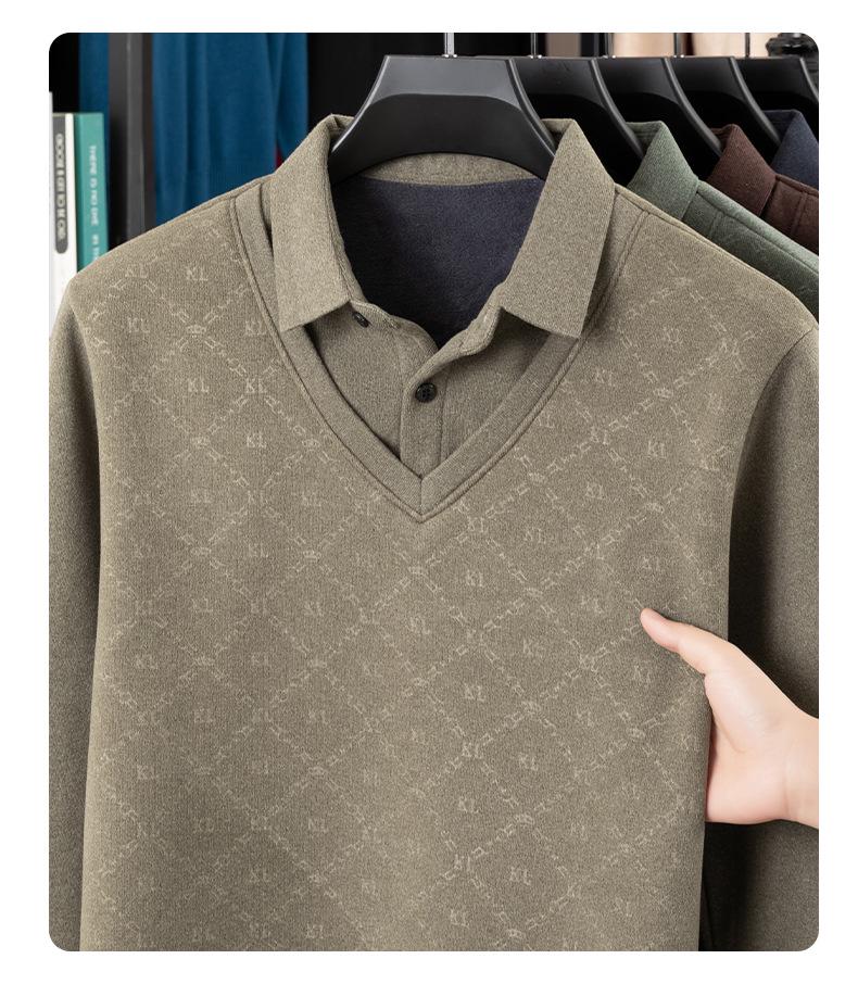 Fleece-Lined Two-Piece Lapel Polo Shirt: Men's Warm Autumn/Winter Casual Print Top