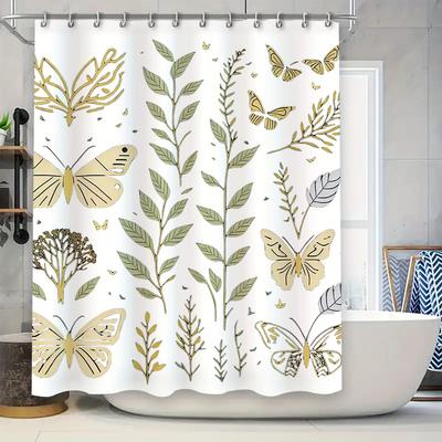 Delightful Floral Butterflies Shower Curtain 180 X 243cm Waterproof Home Decor for Bathrooms In Gold White Color Scheme Modern B