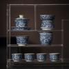 Antique Sancai Blue & White Gaiwan Kung Fu Tea Set: Cultivable Crackle Ceramic Tea Bowl & Large Cup