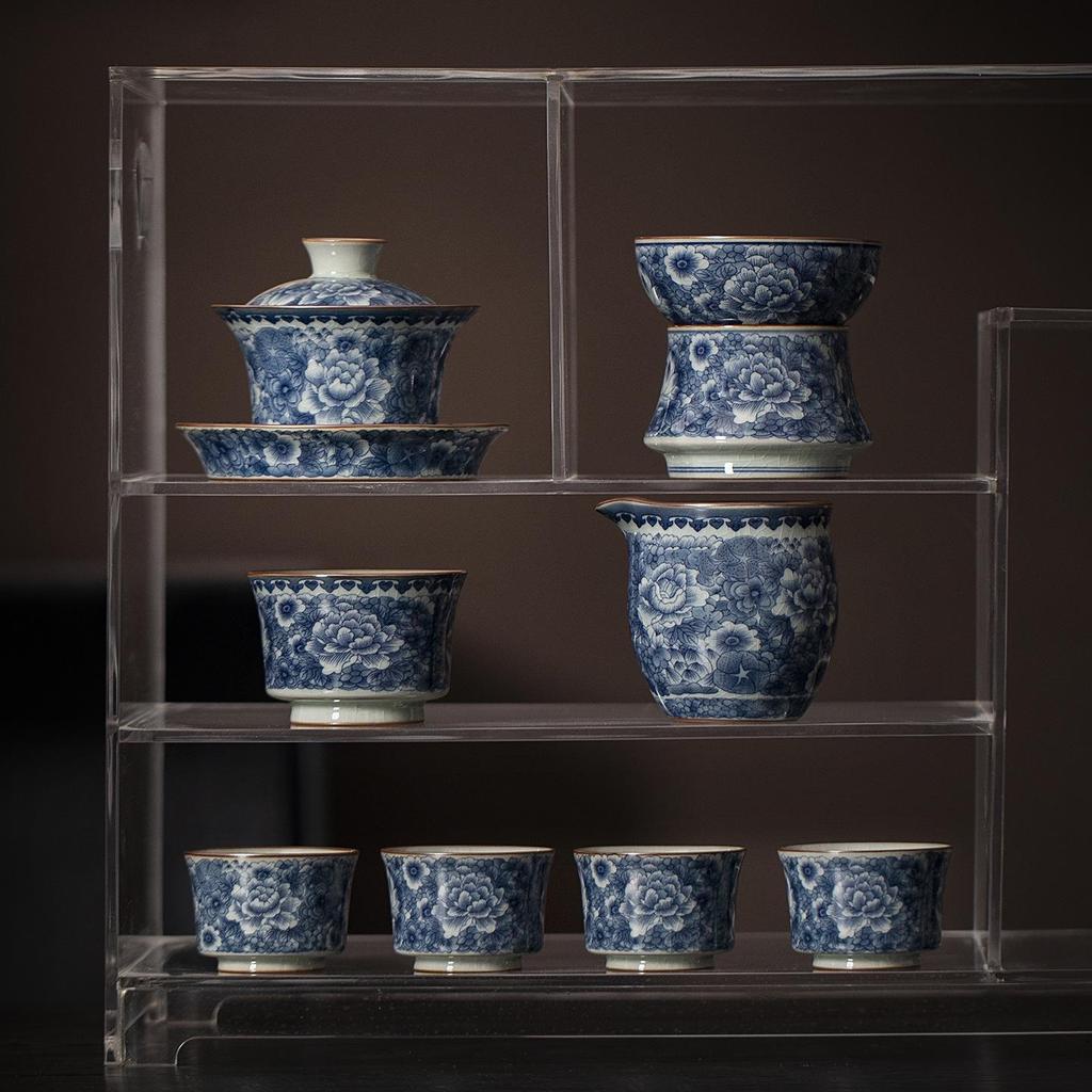 Antique Sancai Blue & White Gaiwan Kung Fu Tea Set: Cultivable Crackle Ceramic Tea Bowl & Large Cup