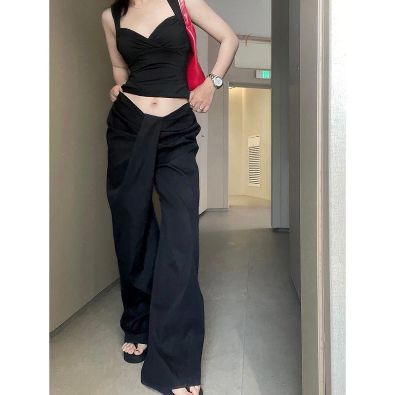 Kumikumi Stylish Asymmetric Large Ruched Casual Pants Women's Autumn Loose Feeling Low Waist Baggy Straight Trousers