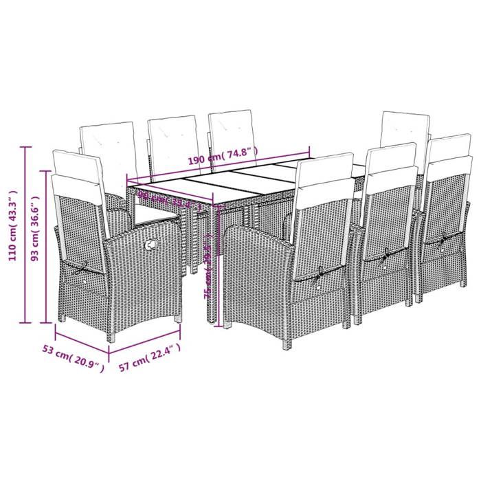 VidaXL Ensemble à Manger de Jardin avec Coussins 9 pcs, Table et Chaises avec Dossier Réglable, Meubles d'Extérieur Patio 3212201