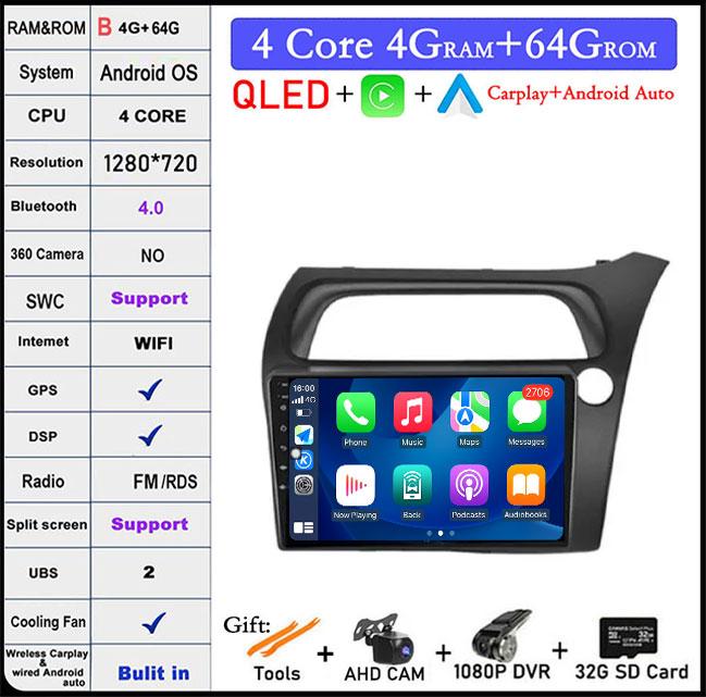 9 Lnch Android 14 For Honda Civic Hatchback 2006-2011 Car Radio Player Video Multimedia Carplay IPS DPS Navigation DSP Screen