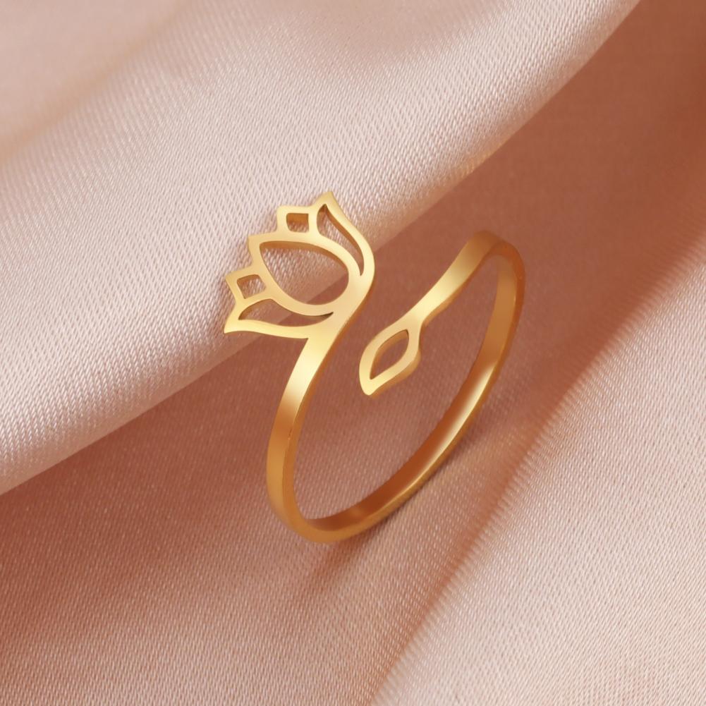 Stainless Steel Lotus Flower Rings Silver Color Yoga Buddha Adjustable Ring Om Symbol Amulet Vintage Jewelry New Year Gifts