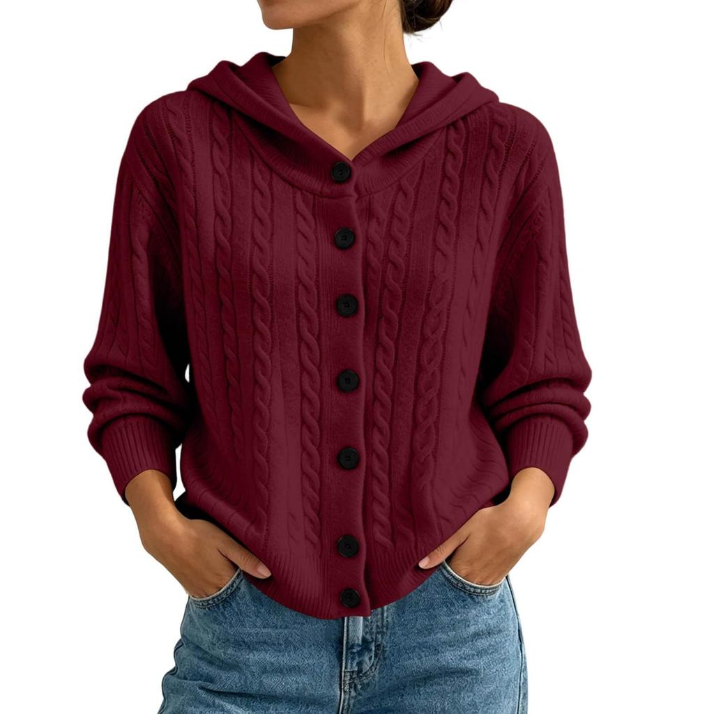 Cardigan da donna con cappuccio in maglia a trecce colorato con chiusura a bottoni per autunno inverno
