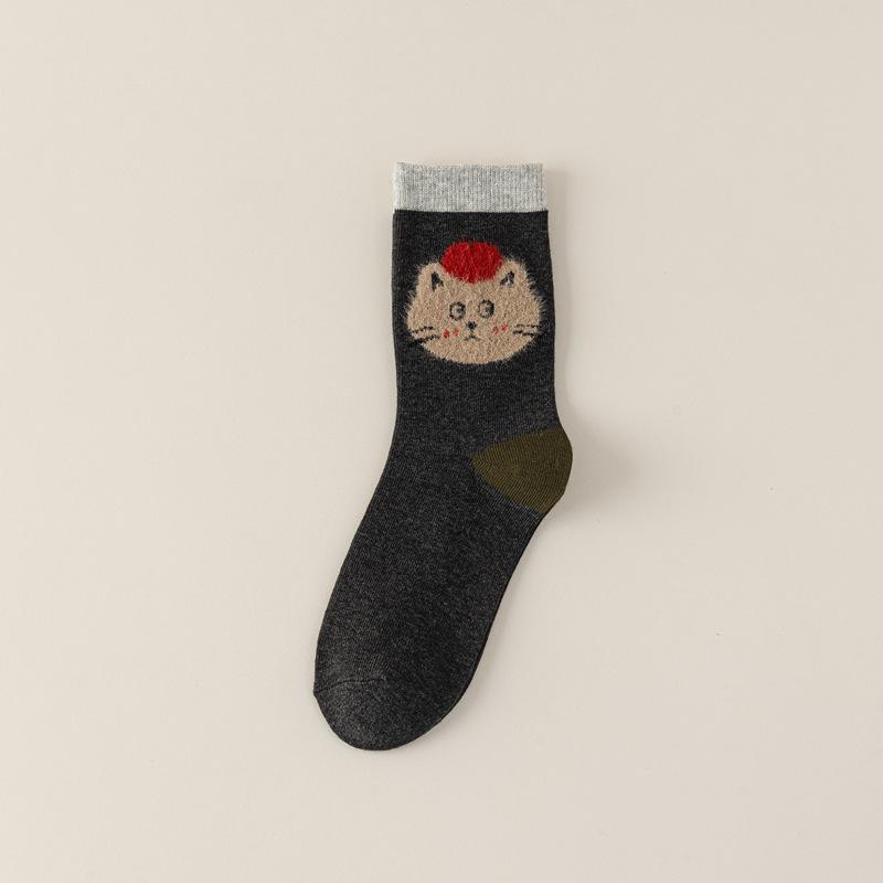 

10Pair Flocking Cartoon Socks Women S Autumn And Winter Korean Retro Stacking Socks Boneless Thickened Cotton Socks Cute Three-Dimensional Animal one size fits all