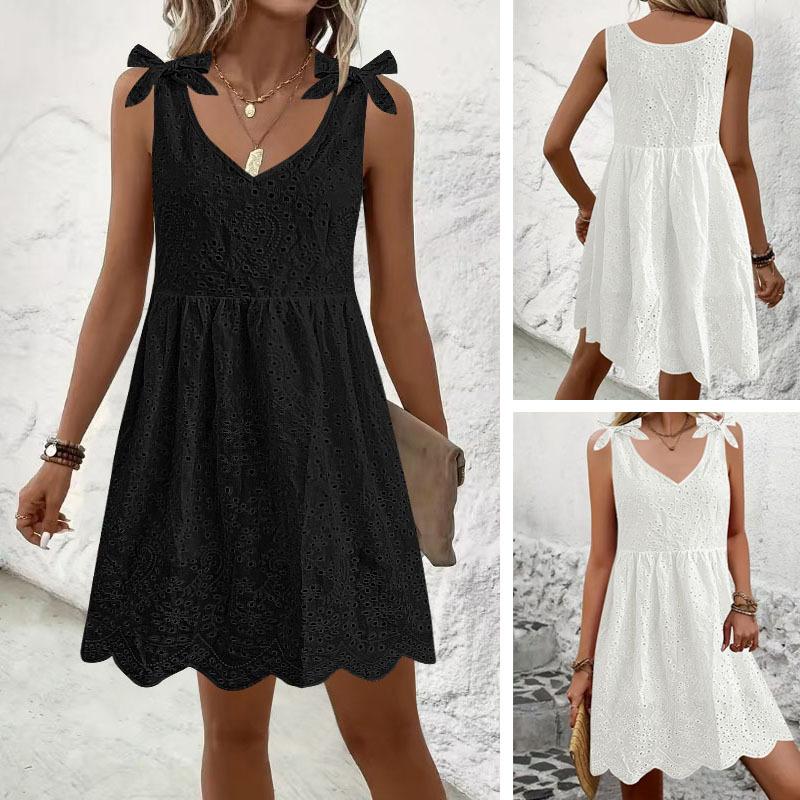 Women's Summer Jacquard Embroidery Slip Dress Temperament V-neck Sleeveless Off-the-shoulder Dress