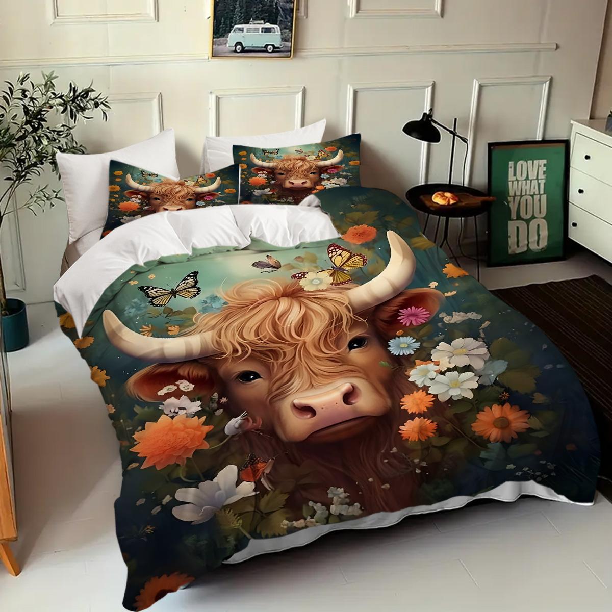 

Cartoon Bull Flower 3D Printed Duvet Cover Set Lovely Wildlife Theme Bedding Set Soft Comfortable Luxury Quilt Cover Pillowcases 135x200cm 2pcs