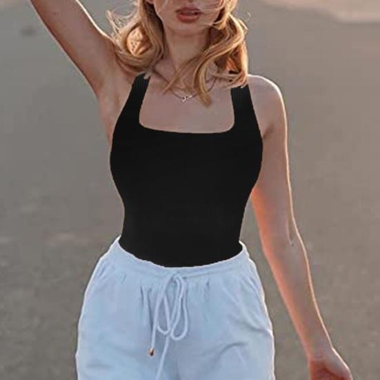 נשים ספורט אפוד סקופ צוואר ללא שרוולים צבע אחיד אלסטי Slim Fit