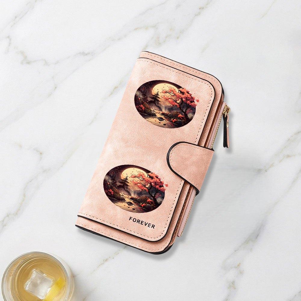 Fashionable Long Wallet with Cherry Blossom Streams Under Full Moon Print Design Eye Catching Multifunctional Portable with Secure Clasp for Daily
