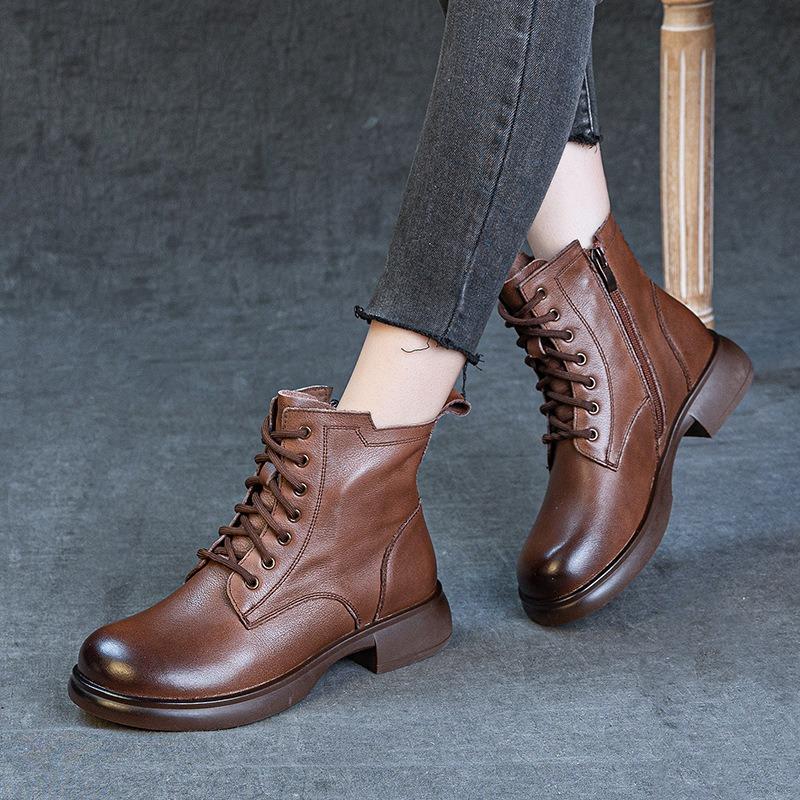 First layer cowhide British style retro Martin boots autumn and winter new velvet thick heel soft sole versatile comfortable short women's boots