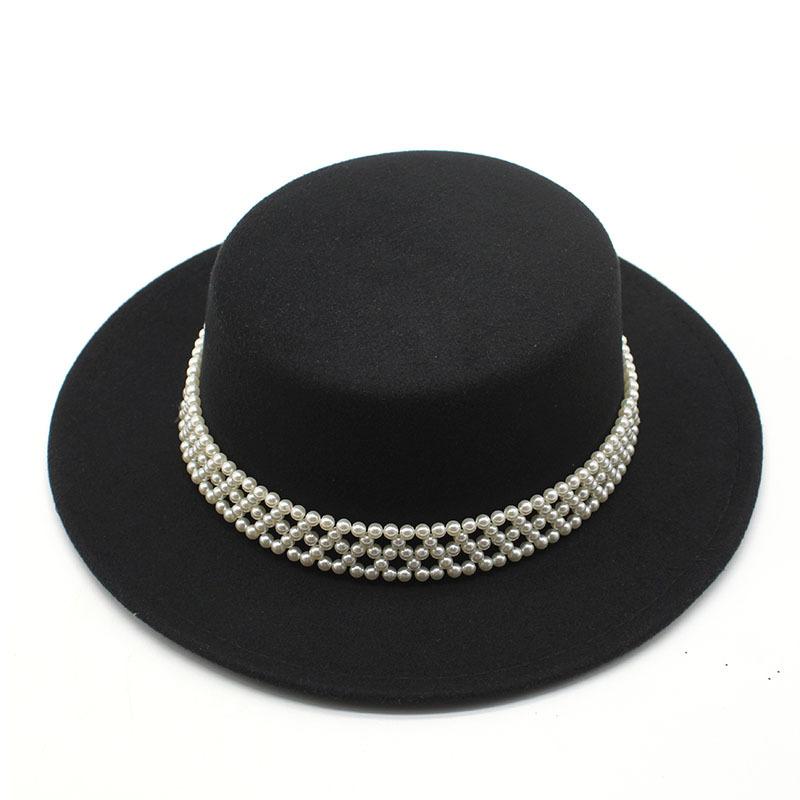 French Top Hat British Retro Pearl White Wool Woolen Celebrity Girl Xiaoxiang Style Big Brim Flat Top Hat