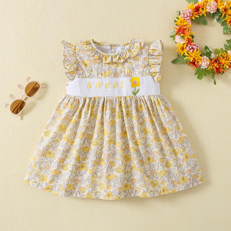 Girls Summer Floral Dress Vintage Smocked Embroidered Cottagecore Midi Dress For Kids 80cm жёлтый