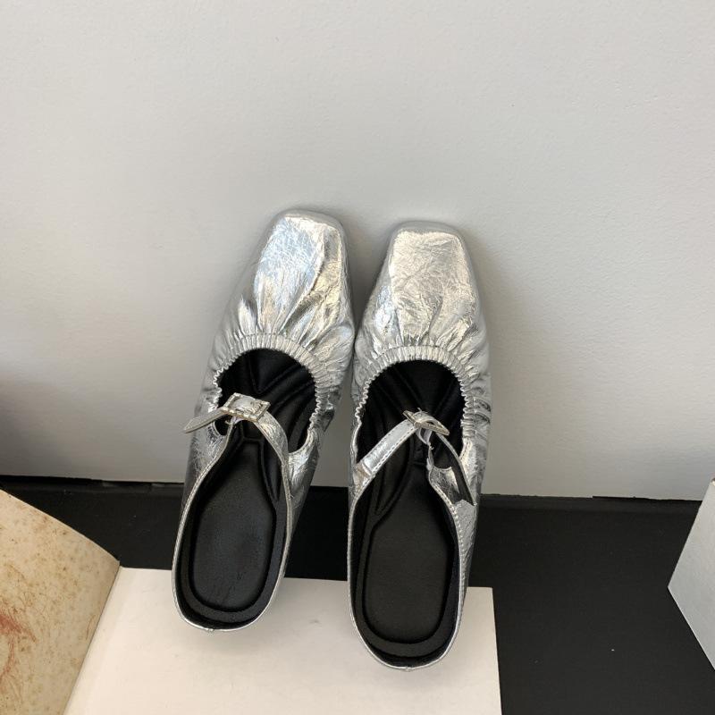 

[sheii] Please see the details~ Square head lambskin pleated bag head thick heel slippers women s half drag outer wear 35 чёрный