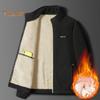 Men Jacket Stand Collar Long Sleeve Thickened Velvet Lined Warm Winter Coat with Pockets Zipper Placket Cotton Jacket
