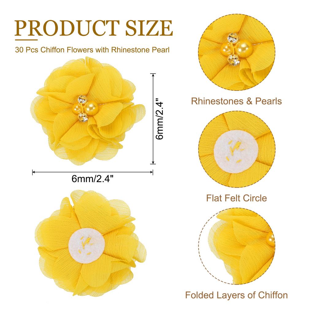 12/30pcs Chiffon Flowers Rhinestone Pearl Sewing Fabric Flowers Artificial Appliques Embellishment for Clothing Wedding Craft 2"