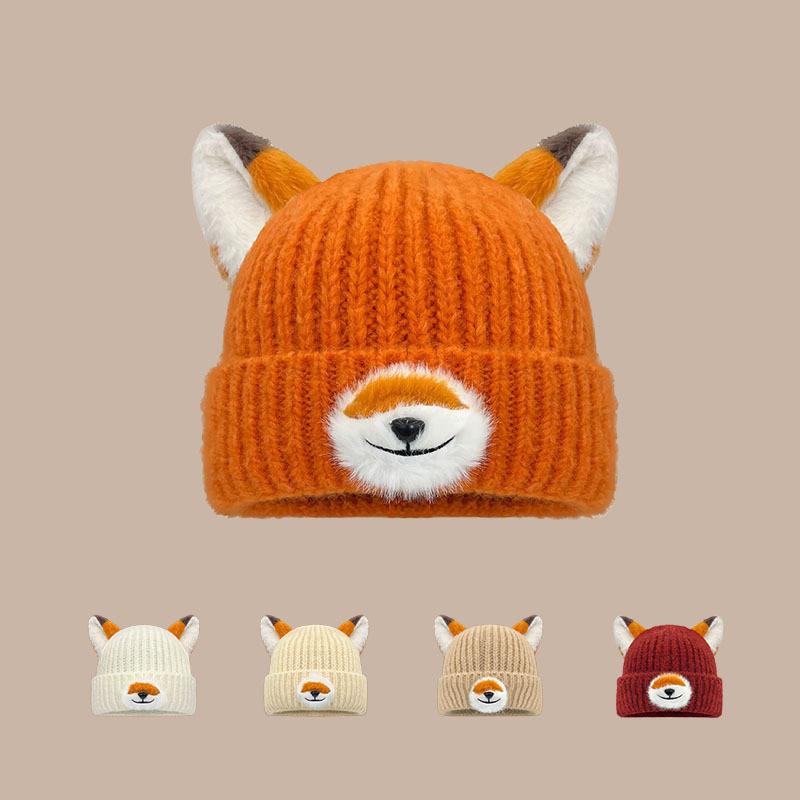 Cappello in Maglia Arancione a Volpe con Orecchie da Cartone Animato per Calore Invernale e Stile Casual