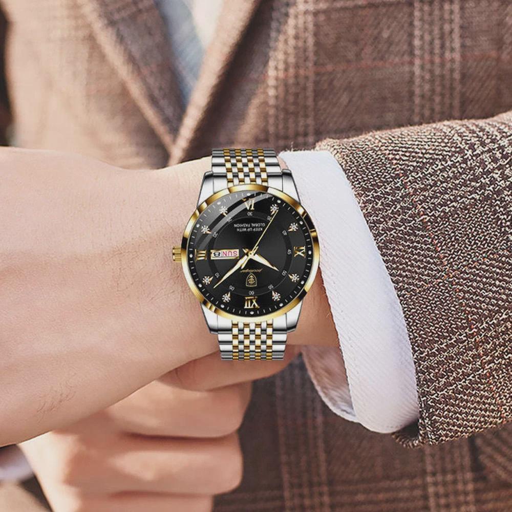 POEDAGAR Luxury Business Man Watch Stainless Steel Week Date Men's Wristwatch Waterproof Luminous Fashion Quartz Watches for Men