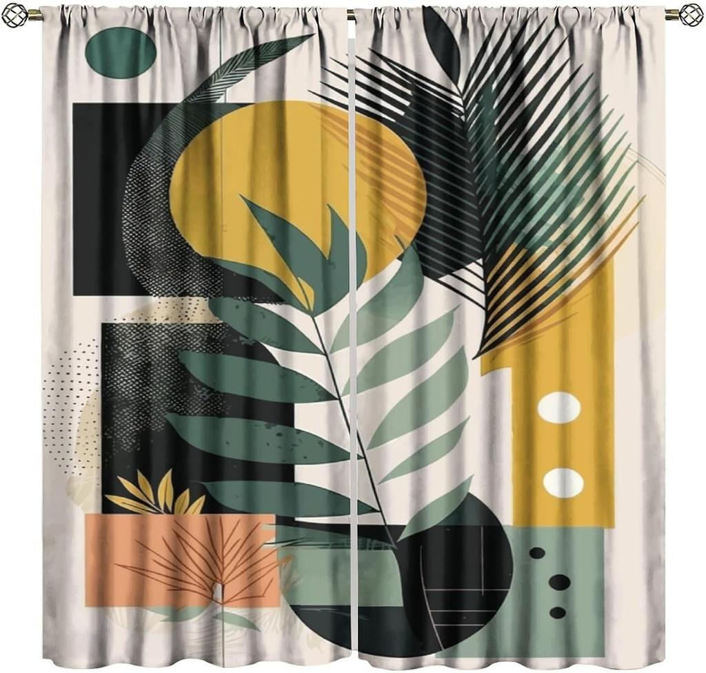 Mid Century Abstract Boho Orange Decor Curtain, Spring Summer Pink Green Nature Leaf Sun Modern Home Kitchen Livingroom Coffee