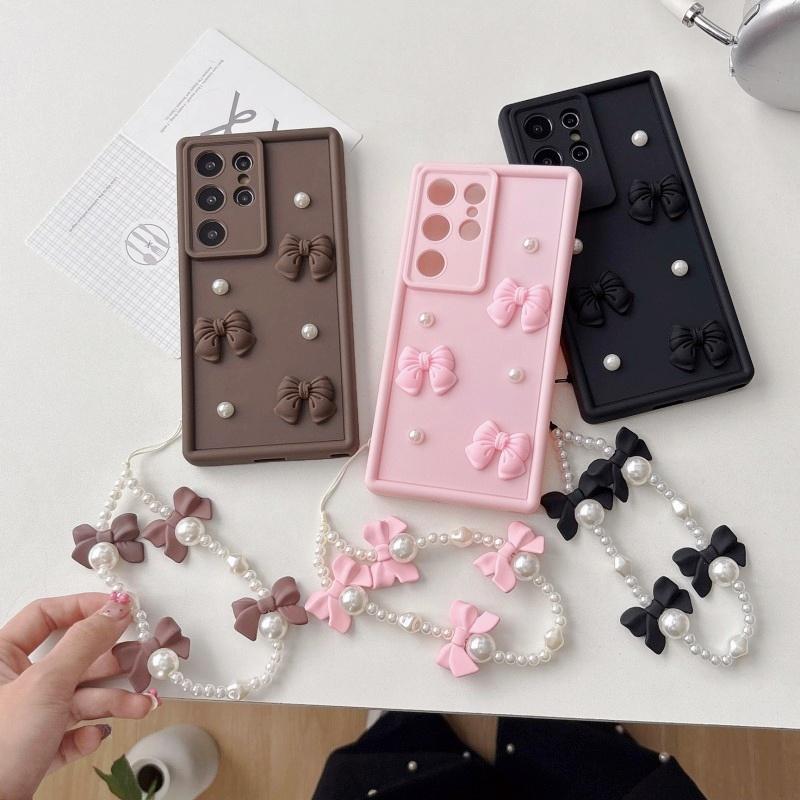 3D Elegant Bowknot Faux Pearl Chain Phone Case For Samsung Galaxy S25 Ultra S21 S22 S23 Plus S24 FE Short Strap Lanyard Cover