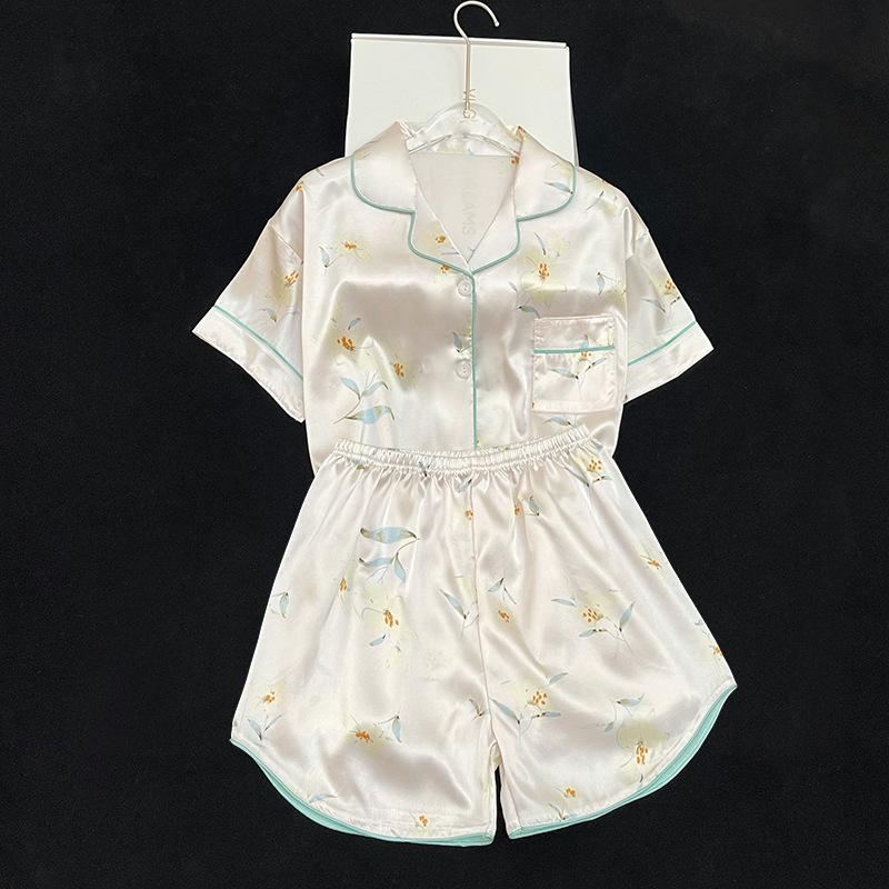 Chinese Wind Flower Bird Picture Pajamas Women'S Summer Loungewear Short-Sleeved Set Two-Piece Outer Wear