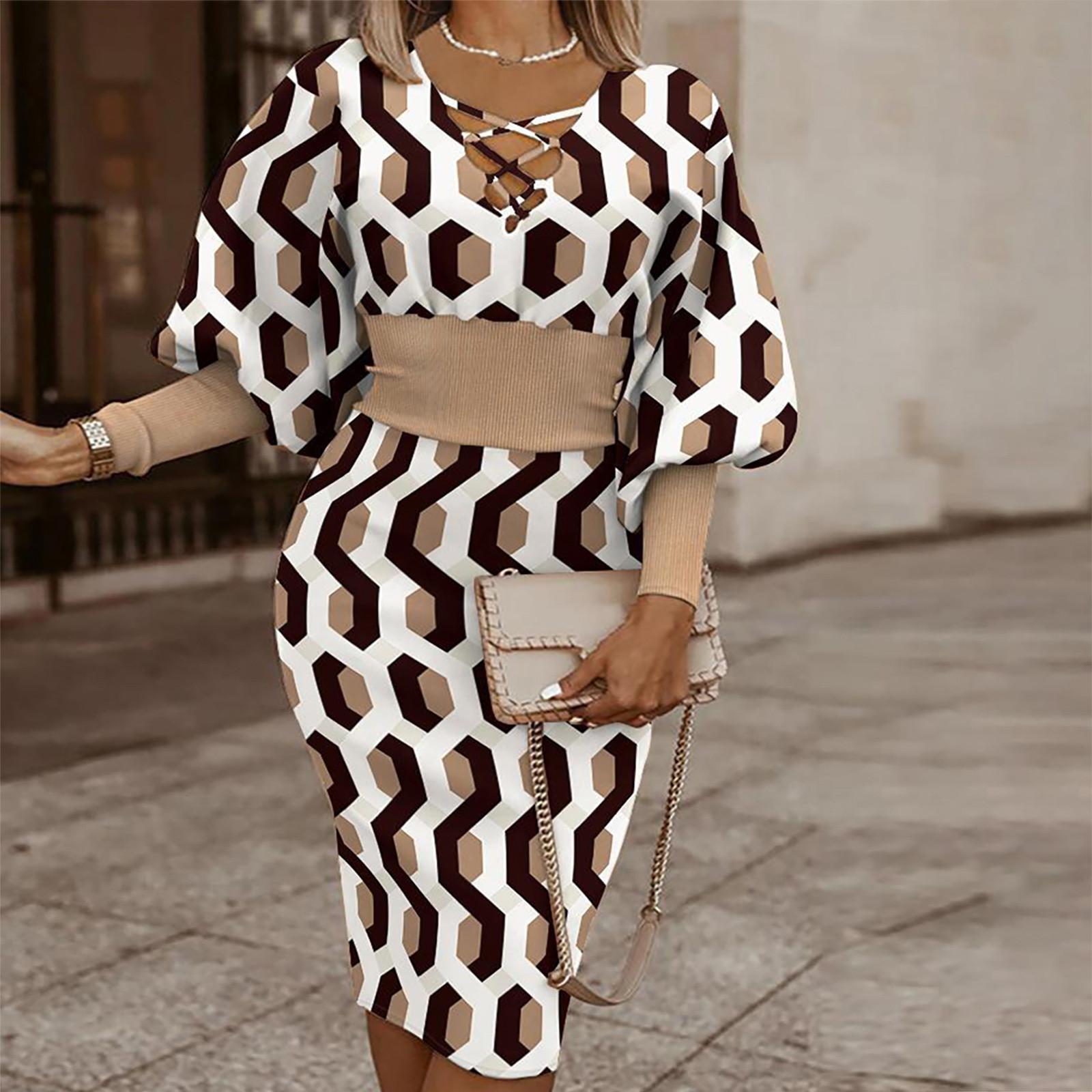 

Женское модное платье с v-образным вырезом и длинным рукавом с принтом XXXL хаки