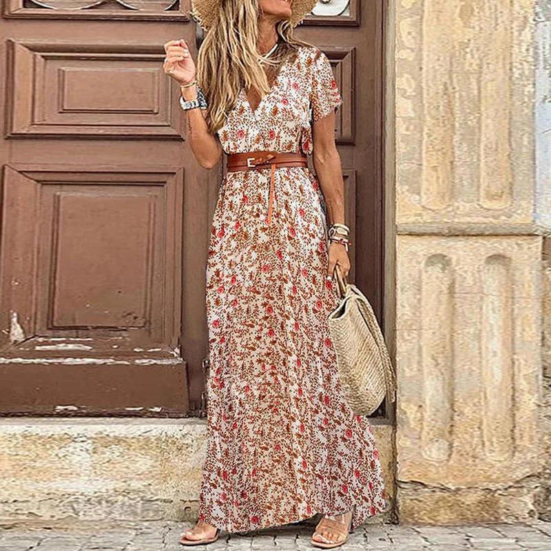 Floral Printed Belt V-neck Short Sleeve Women Long Dress Side Split Summer Lady Holiday Robe