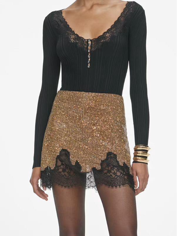 

2025 A/W Light Luxury Lace Trim Rhinestone Slim-Fit Bodycon Pencil Skirt S коричневый