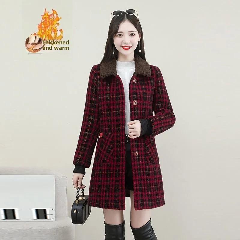 

Женское пальто оверсайз с утолщенной флисовой подкладкой, зимнее, в клетку, приталенное, стильное, теплое, средней длины, одежда для мамы, больших размеров L красный