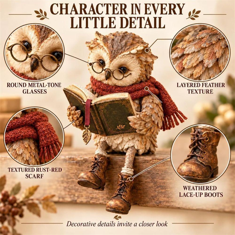 Scarf Detail Owl Figurine Glasses Study Room Ornament Fashion Reading Owl Statue Tabletop Decor