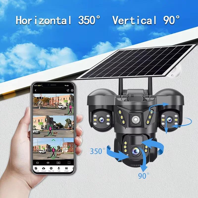 V380 Pro Wireless WiFi Solar Camera Three Lens Three Screen Human Detection 4G Sim Card Solar CCTV IP Camera