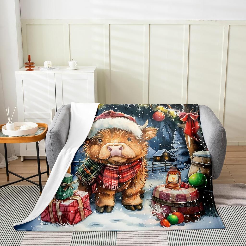 Gingerbread Xmas Flannel Blanket Blue Christmas Tree Candy Throw Blanket Western New Year Theme Cozy Throws for Bed Couch Sofa