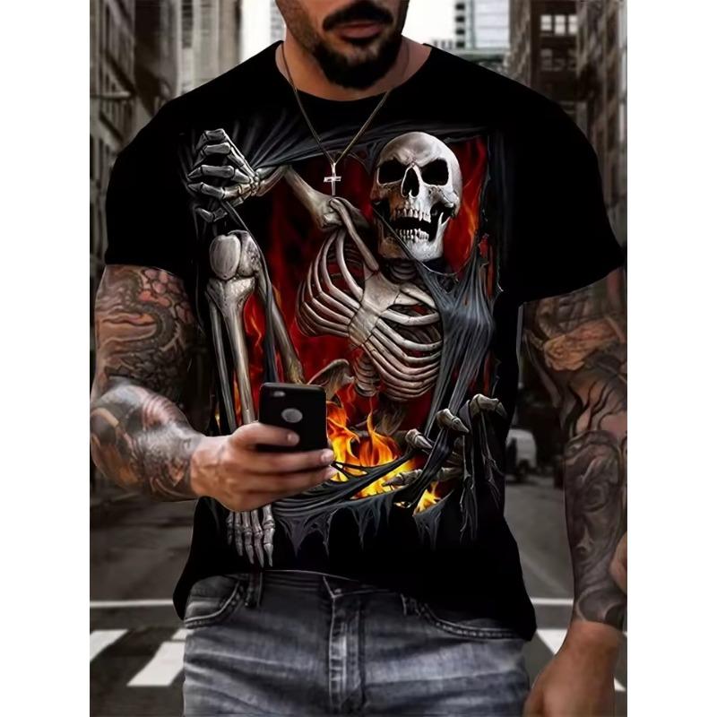 Men's Summer Casual T-Shirt 3D Golden Lightning Skull Print Short Sleeve Streetwear