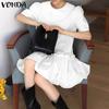 VONDA Elegant Women Casual Lapel Neck Short Sleeve Solid Color Ruffled Dress