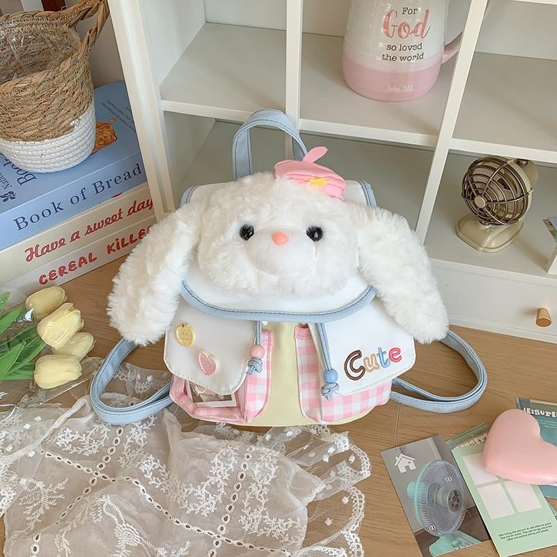 Plush Cartoon Bear Dog Bunny Backpack For Teens With Drawstring Closure And Vintage Details