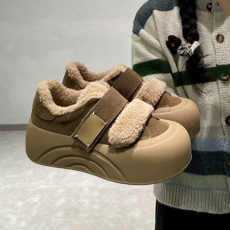 Baumwollschuhe Damen Samt Klettverschluss Jahr Dicke Sohle Schuhe Flauschige Schuhe Außen Brot Schuhe